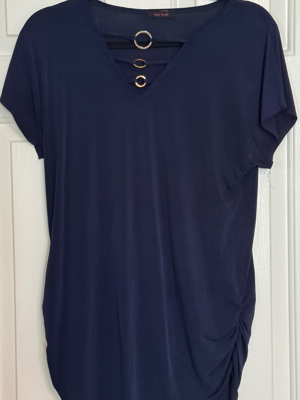 First Love Navy Short Sleeve V-Neck Tunic with Gold Ring Accents